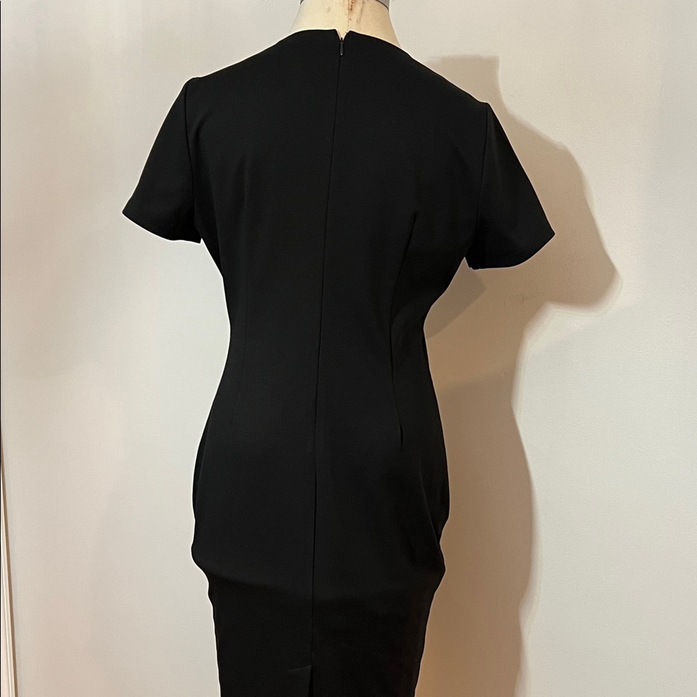 Black Short Sleeve Sheath Dress Round Neckline Velvet Accents Tailored Form Fit - Picture 3 of 9